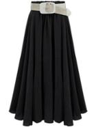 Romwe Black Belted Flare Midi Skirt