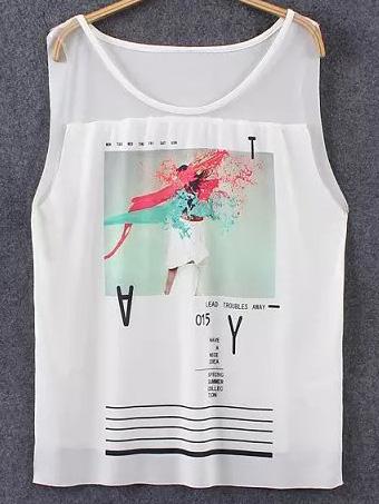 Romwe White Sleeveless Gauze Splicing Print T-shirt