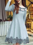 Romwe Grey Round Neck Long Sleeve Hollow Embroidered Knit Dress