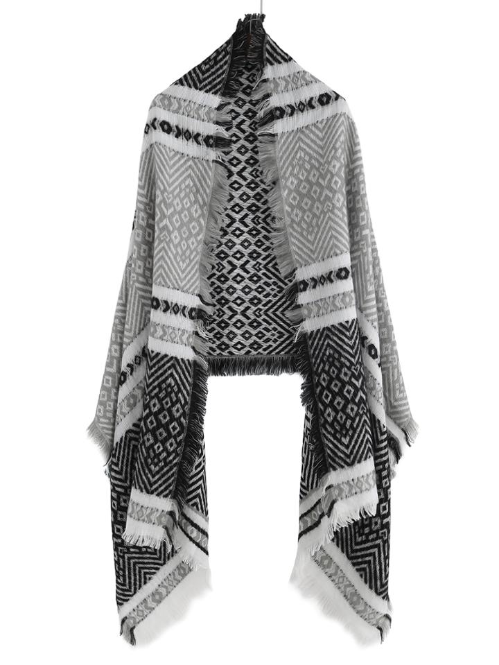 Romwe Black And Grey Tribal Print Fringe Shawl Scarf