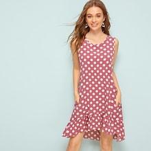 Romwe Polka Dot Slant Pockets Ruffle Hem Dress