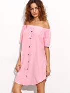 Romwe Pink Shirred Off The Shoulder Dress With Buttons