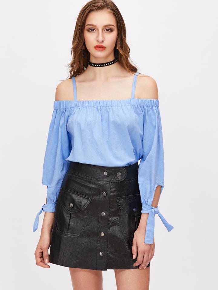 Romwe Sky Blue Cold Shoulder Blouse With Sleeve Tie Detail