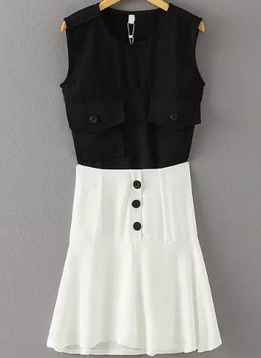 Romwe Sleeveless Pockets Top With Buttons Peplum Hem Skirt