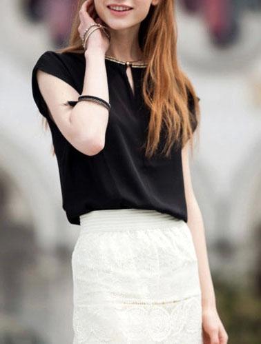 Romwe Short Sleeve Chiffon Loose Black Top