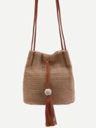 Romwe Khaki Woven Button Closure Tassel Trim Crossbody Bag