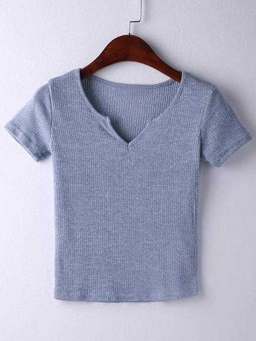 Romwe Light Blue Short Sleeve V Neck Ribbed T-shirt