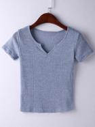 Romwe Light Blue Short Sleeve V Neck Ribbed T-shirt