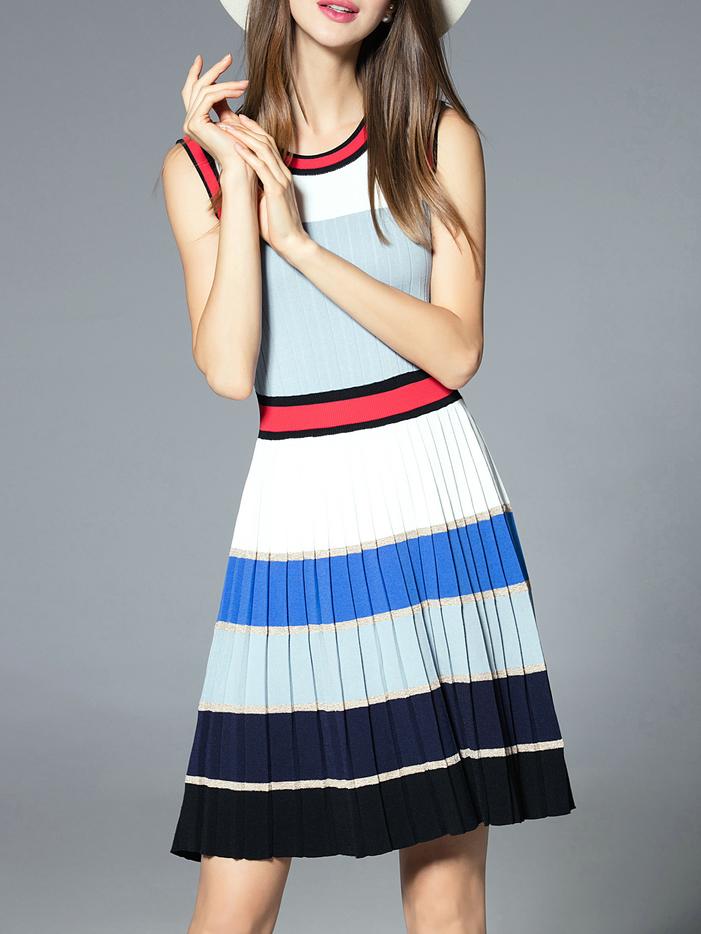 Romwe White Color Block Pleated Knit A-line Dress