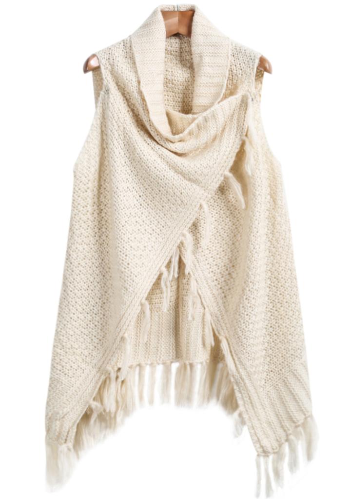 Romwe Sleeveless Tassel Knit Apricot Sweater