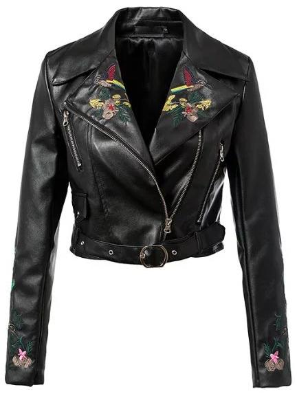 Romwe Black Lapel Flower Embroidery Zipper Crop Jacket