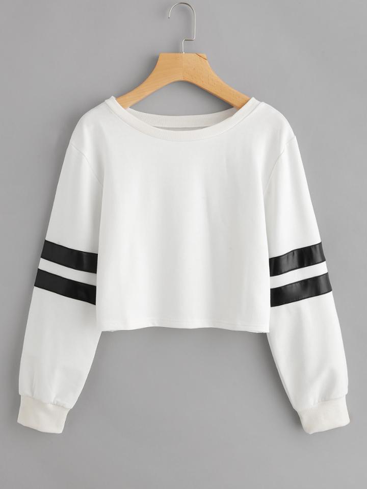 Romwe Varsity Striped Crop Sweatshirt