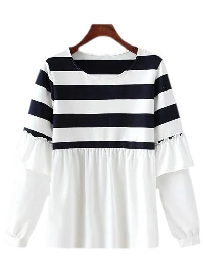 Romwe Black White Stripe Lantern Sleeve Doll Blouse