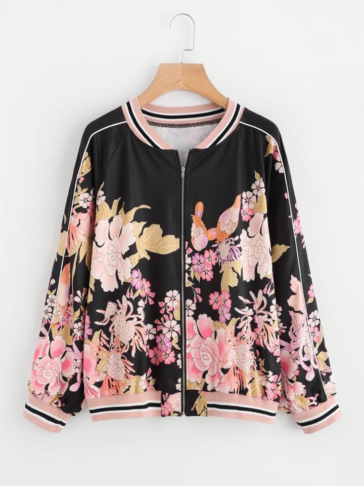 Romwe Piping Detail Striped Trim Floral Bomber Jacket