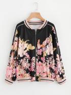 Romwe Piping Detail Striped Trim Floral Bomber Jacket