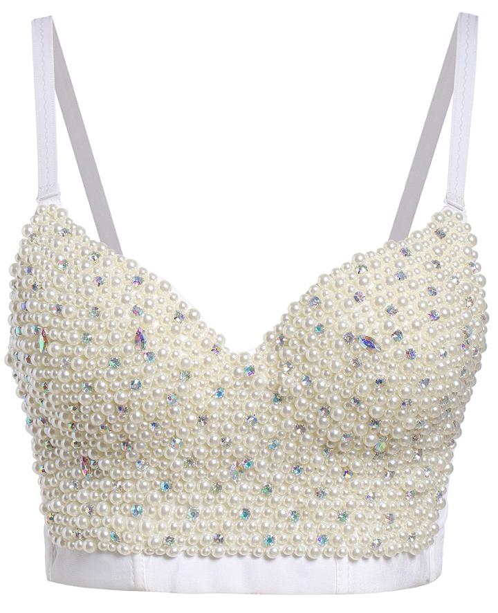 Romwe White Spaghetti Strap Bead Cami Top