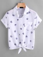 Romwe Elephant Print Tie Front Cuffed Shirt With Chest Pocket