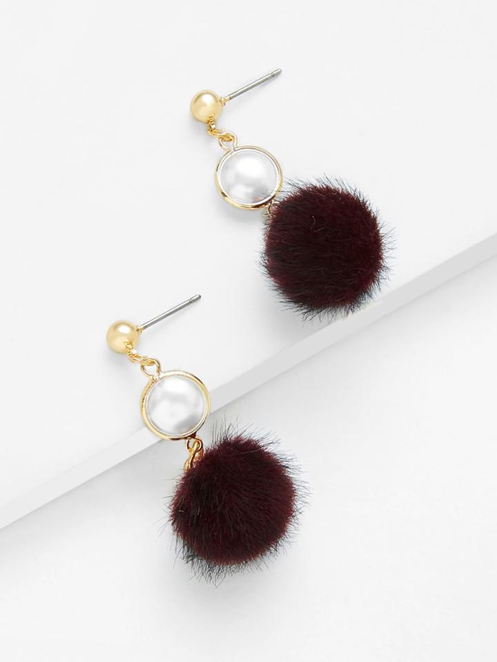 Romwe Faux Pearl Top Pom Pom Decorated Drop Earrings