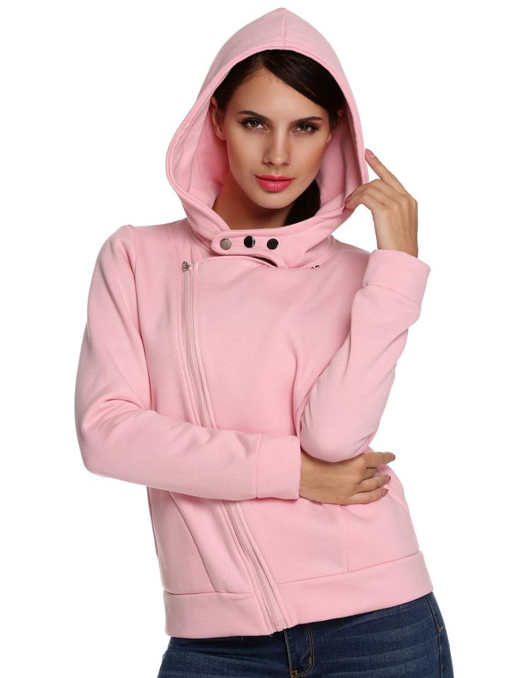Romwe Hooded Zipper Pockets Pink Sweatshirt