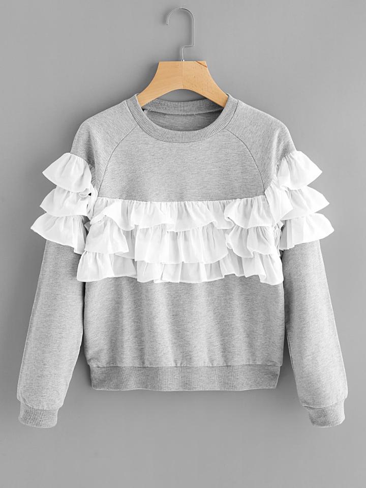 Romwe Contrast Tiered Frill Trim Marled Sweatshirt