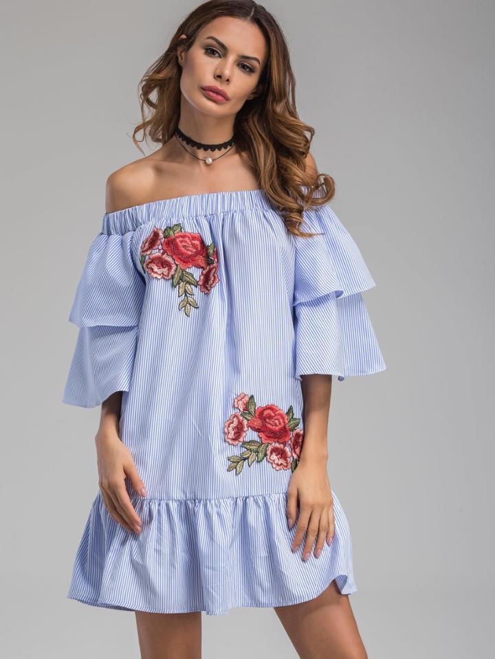 Romwe Bardot Neckline Striped Flower Patches Frill Dress