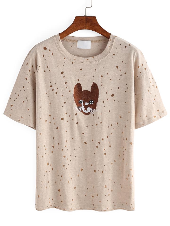 Romwe Khaki Cat Print Hollow Out T-shirt