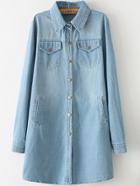 Romwe Lapel Pockets Buttons Denim Pale Blue Coat