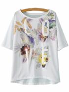 Romwe White Dip Hem Flower Love Print T-shirt