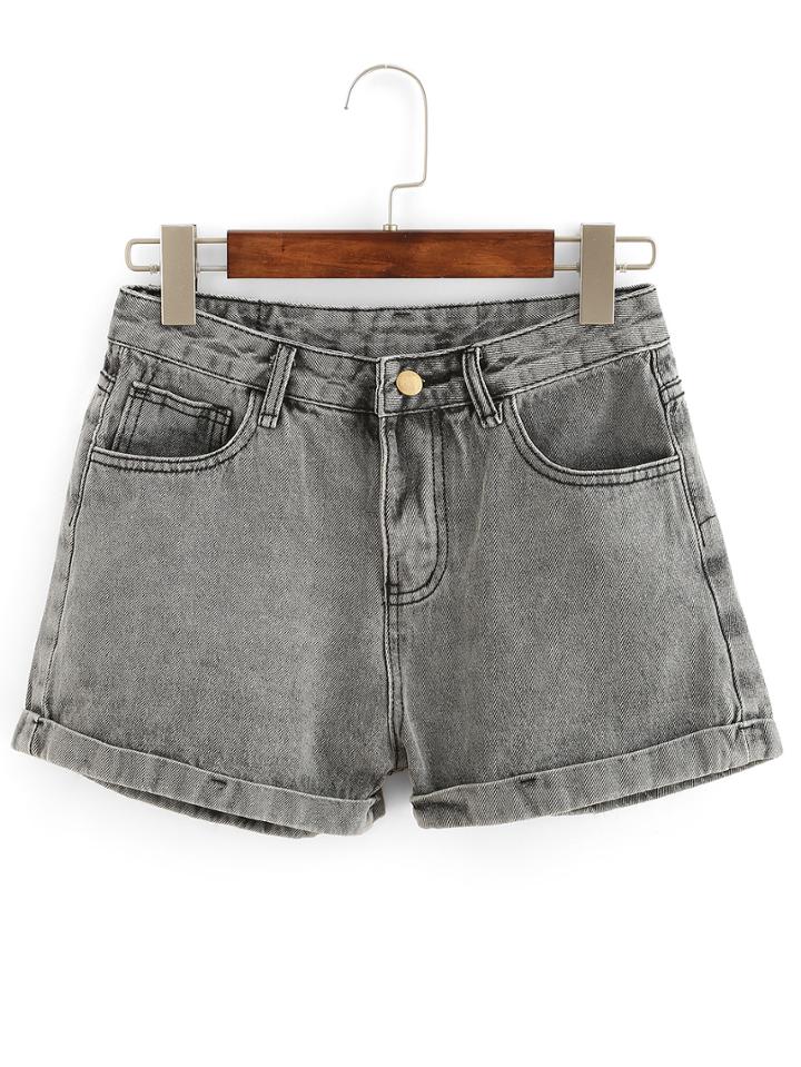 Romwe Rolled Hem Grey Denim Shorts