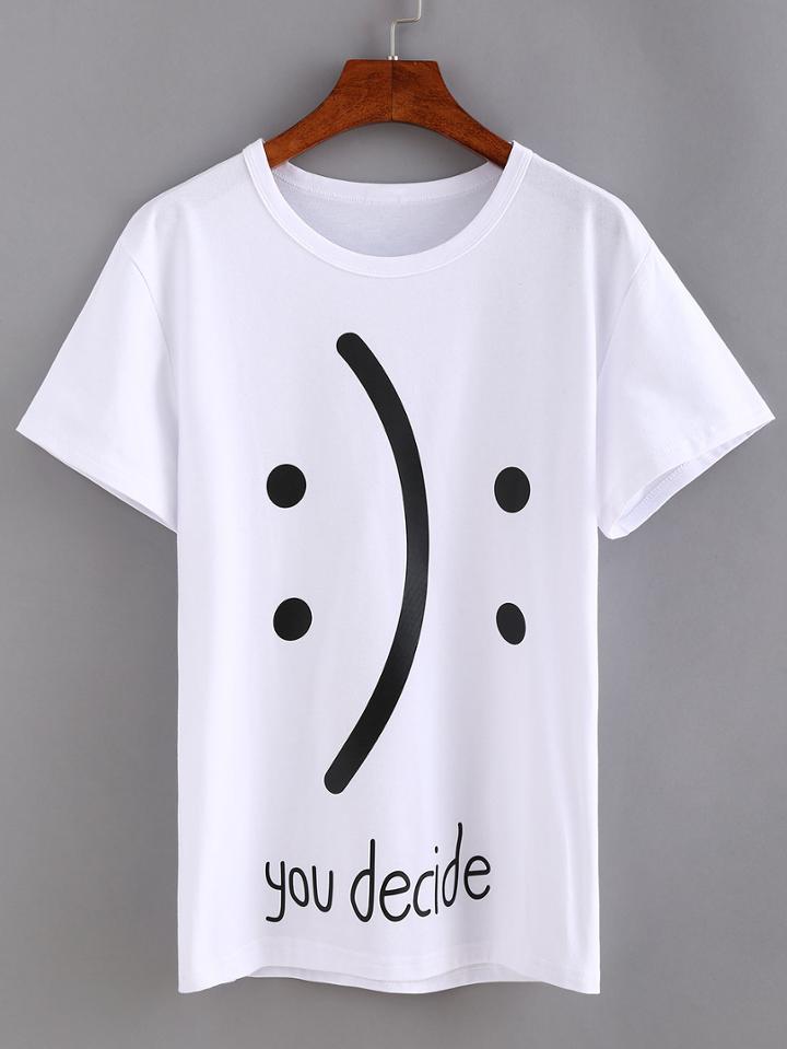 Romwe Emoticons Print White T-shirt