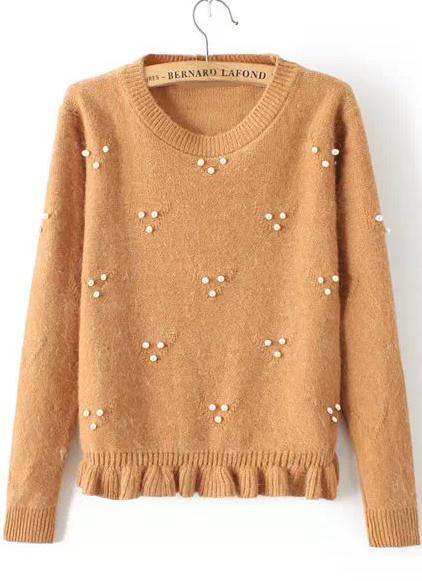 Romwe Bead Flouncing Crop Camel Sweater