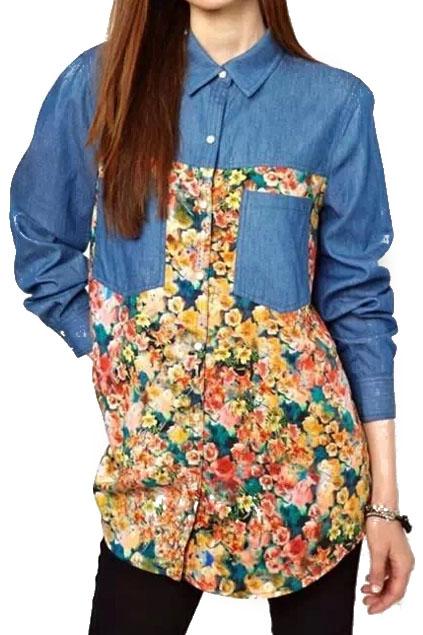Romwe Romwe Floral Print Denim Panel Shirt