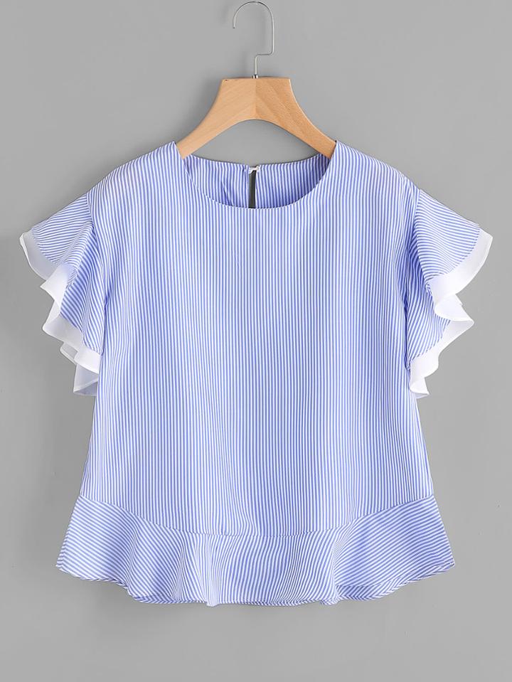 Romwe Pinstripe Frill Sleeve Keyhole Back Top