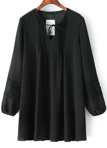 Romwe Black V Neck Lace Loose Chiffon Dress