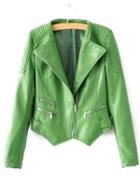 Romwe Green Oblique Zipper Asymmetrical Crop Pu Jacket