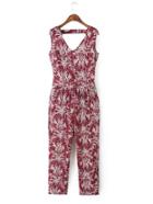 Romwe Burgundy Sleeveless V Neck Printed Siamese Trousers