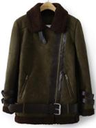 Romwe Zip Lapel Belted Green Suede Coat