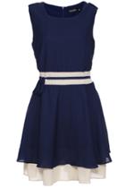 Romwe Romwe Color Block Self-tied Pleated Navy-blue Dress