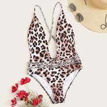 Romwe Leopard Braided Criss Cross Backless One Piece Swimwear