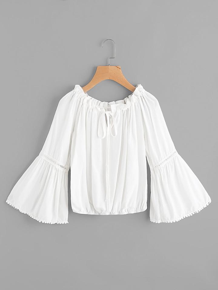 Romwe Contrast Lace Tie Front Bell Sleeve Top