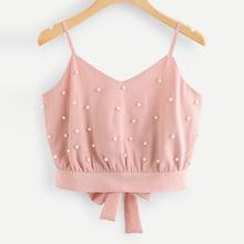 Romwe Plus Beaded Knot Back Crop Cami Top