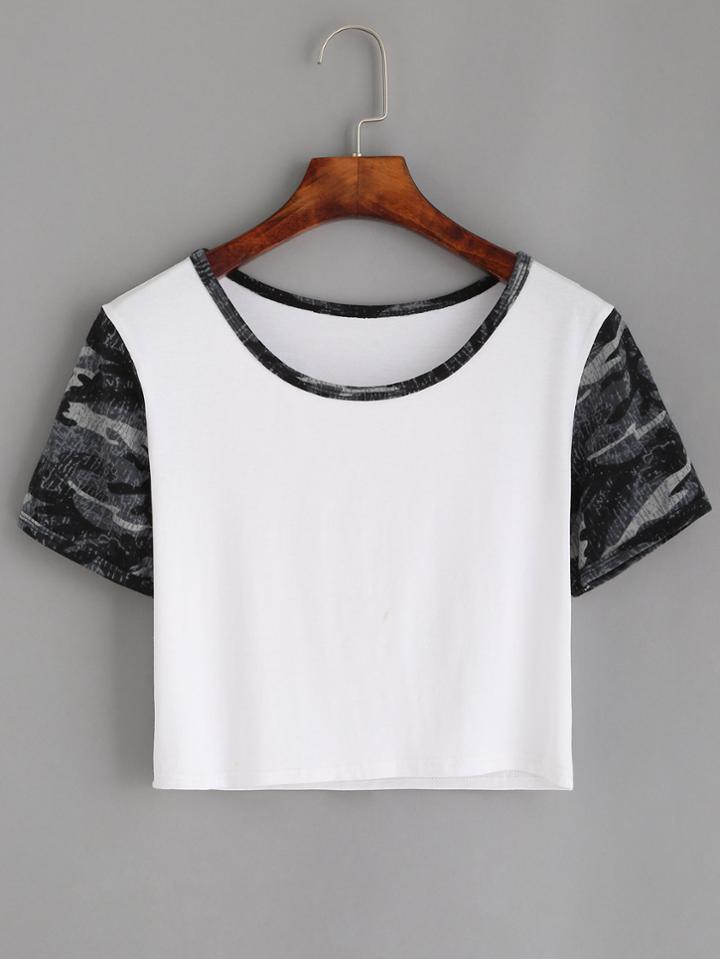 Romwe White Contrast Neck Print Crop T-shirt