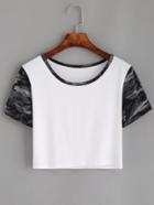 Romwe White Contrast Neck Print Crop T-shirt