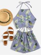 Romwe Foliage Print Striped Crop Halter Top With Shorts
