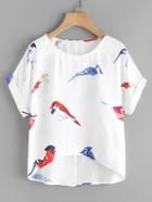 Romwe Random Birds Print Cuffed Dip Hem Top