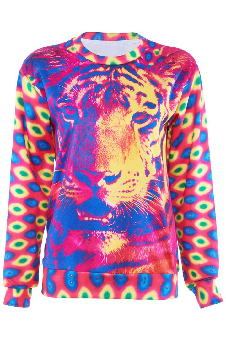 Romwe Neon Red Tiger Print T-shirt