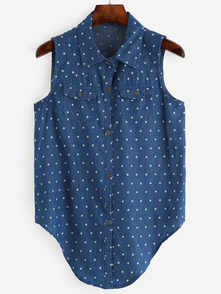 Romwe Blue Polka Dot Print Dual Pocket Sleeveless Blouse