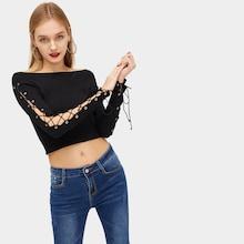 Romwe Lace-up Sleeve Solid Tee