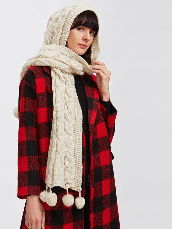 Romwe Pom Pom Cable Knit Scarf