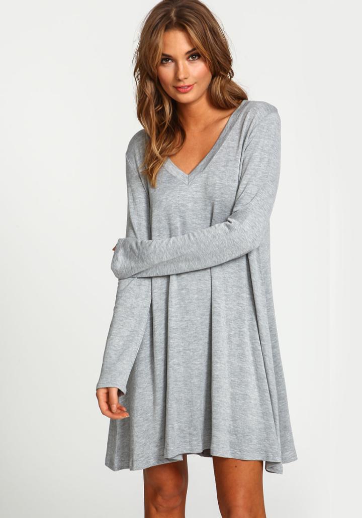Romwe Grey V Neck Long Sleeve Loose Dress